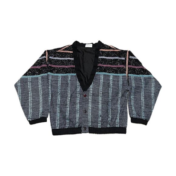 Vintage Allen Wah Cardigan Mens M Sweater Striped 90s Cotton‎ Blend Retro - Picture 1 of 5